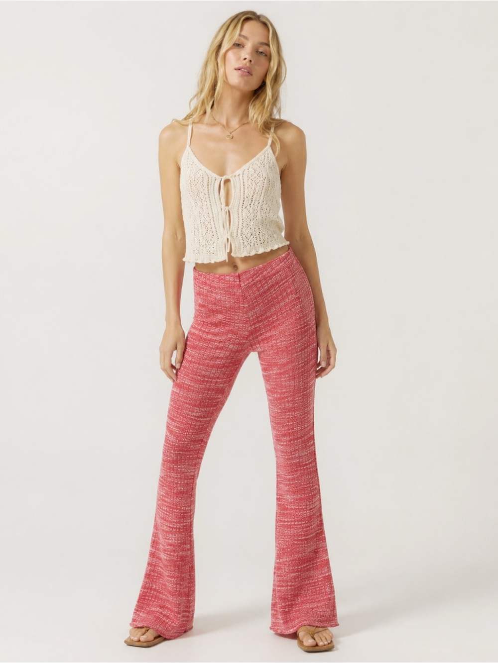 NWT Zara Woman Red Ribbed Stretch Pull On Flare Pants MEDIUM Boho Folk Retro